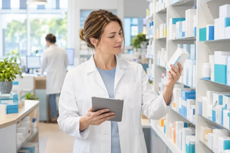 Apothekerin prüft Arzneimittelbestand mit einem Tablet