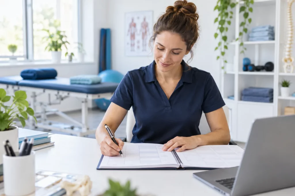 Physiotherapeutin plant Termine und Behandlungen am Schreibtisch