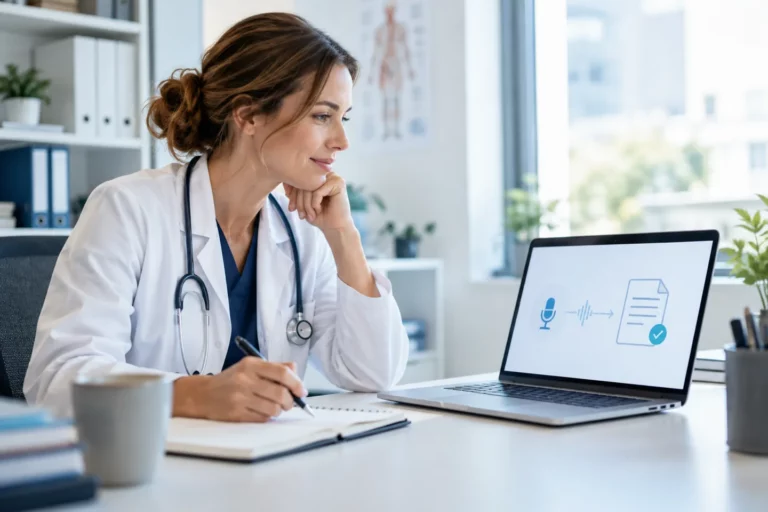 Ärztin prüft einen digitalen Dokumentationsablauf am Laptop