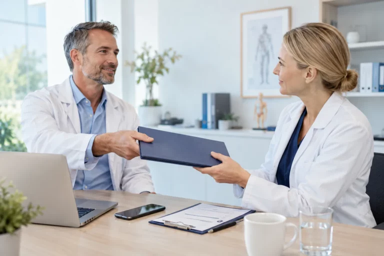 Zwei Praxisinhaber übergeben eine Mappe für die betriebliche Vorsorge